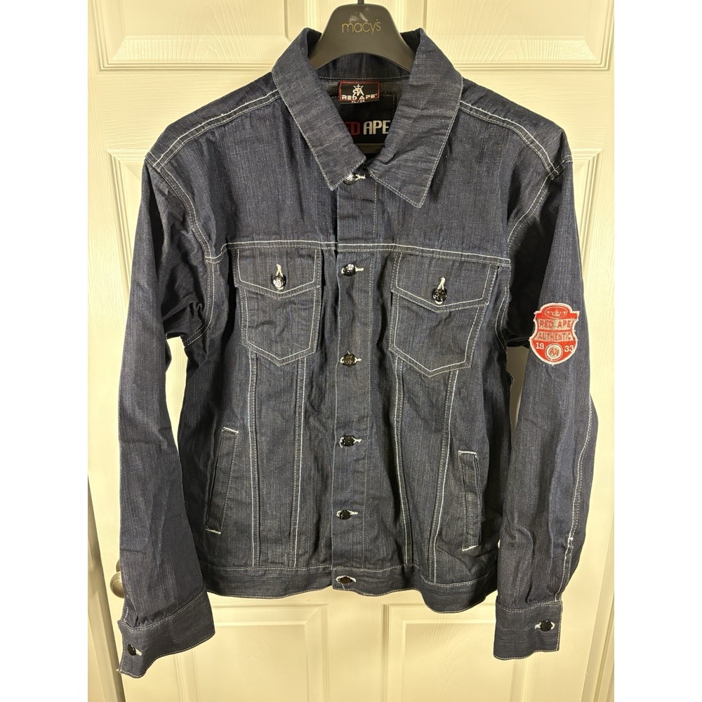 Vtg Red Ape Denim Jacket XL Dark Wash Contrast Stitch Patch Y2K Hip Hop